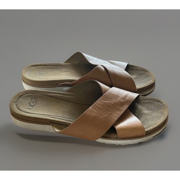 UGG Ugg Kari Slide Criss Cross  Leather upper Sandals Brown Size 9 - Picture 4 of 7